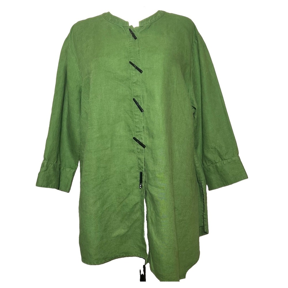 Jones NY Linen Lagenlook Tunic‎ Top 2X Kelly Green Frog Button Old Money Coastal